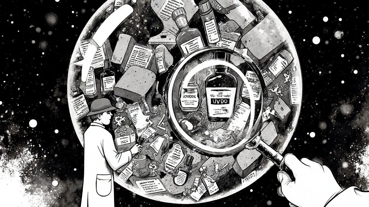 A detective examines a soap bubble reflecting melting everyday products, with immune cells chasing chemical molecules.