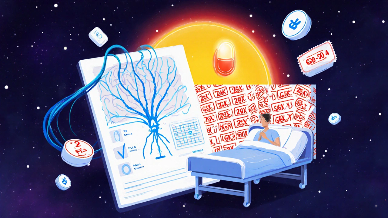 A floating medical chart with nerve pathways blocked by a glowing baclofen capsule, surrounded by an ICD-10 code and a rising sun labeled GBX-204.