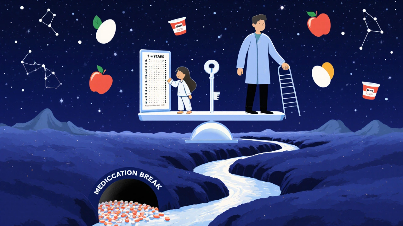 A floating scale with a teen and doctor under a starry sky, pills flowing into a tunnel toward adulthood.