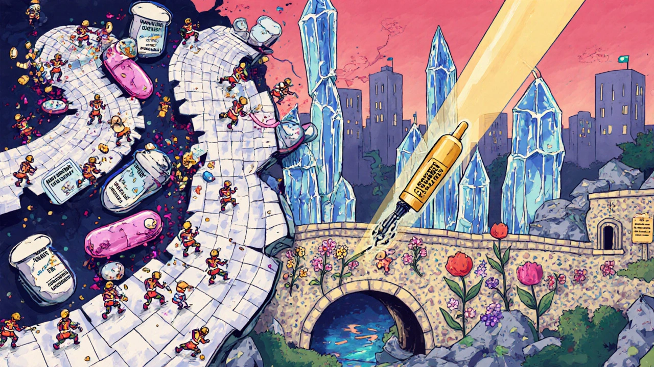 A fractured joint as a city under siege, with three treatment pathways leading to calm amidst chaos.