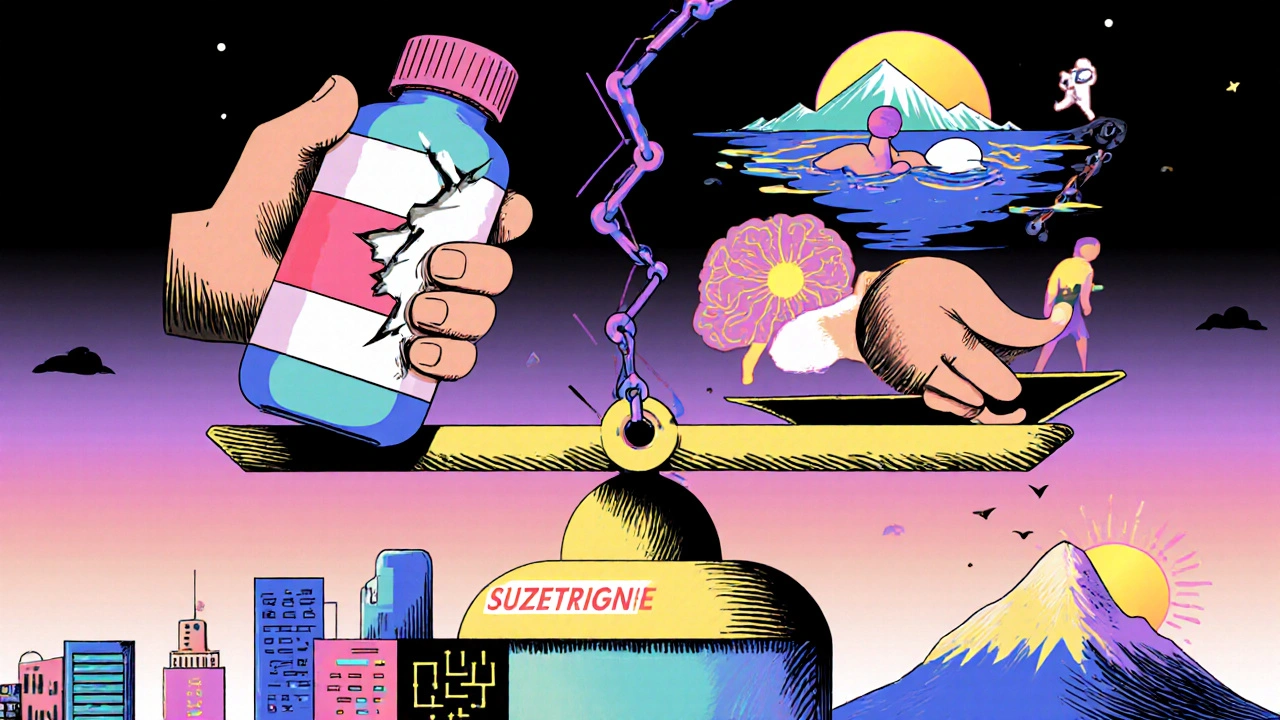 A fractured pain scale balanced between opioid dangers and non-opioid therapies in vibrant surreal illustration.