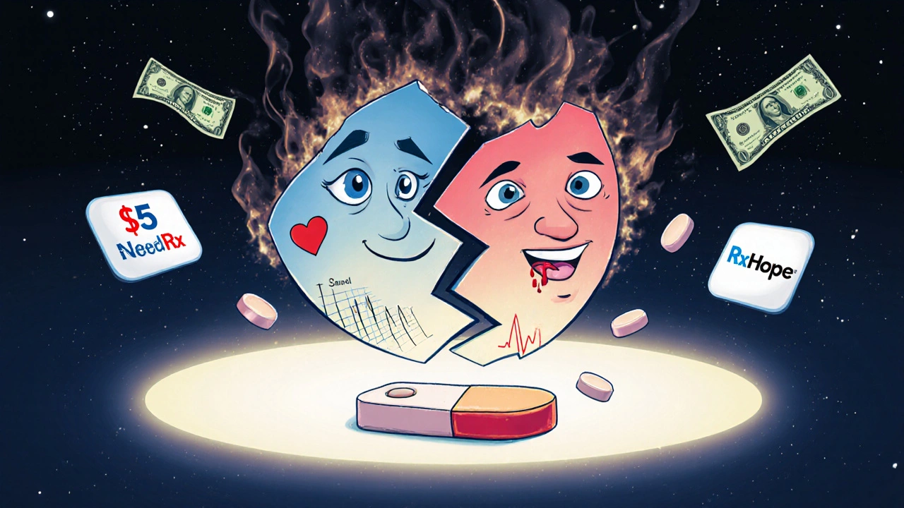 A fractured pill mirror showing healthy vs. dangerous outcomes, with discount program logos glowing below.