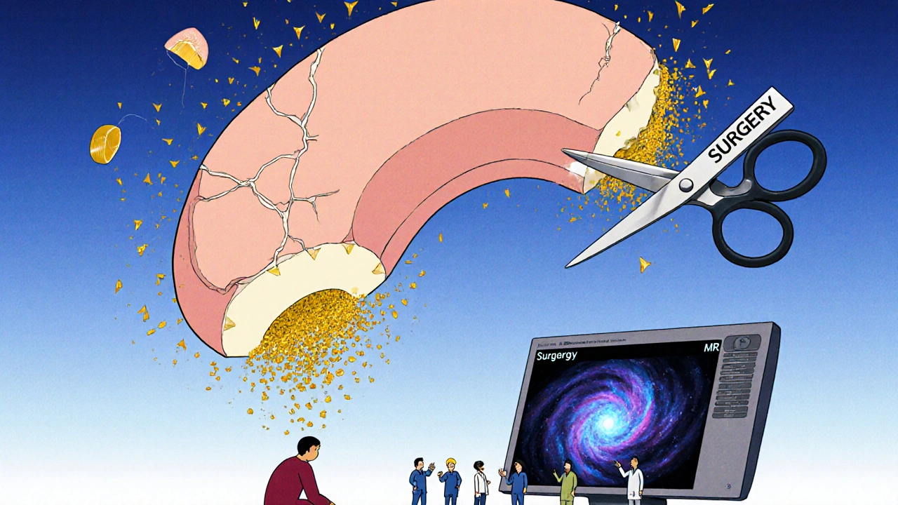 A giant cracked meniscus leaking golden dust into arthritic spikes, with scissors trimming one piece.