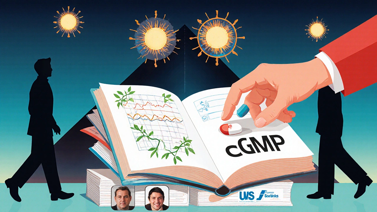 A hand reaching for a pill from a giant book of quality checks, with corporate silhouettes and glowing accreditation seals.