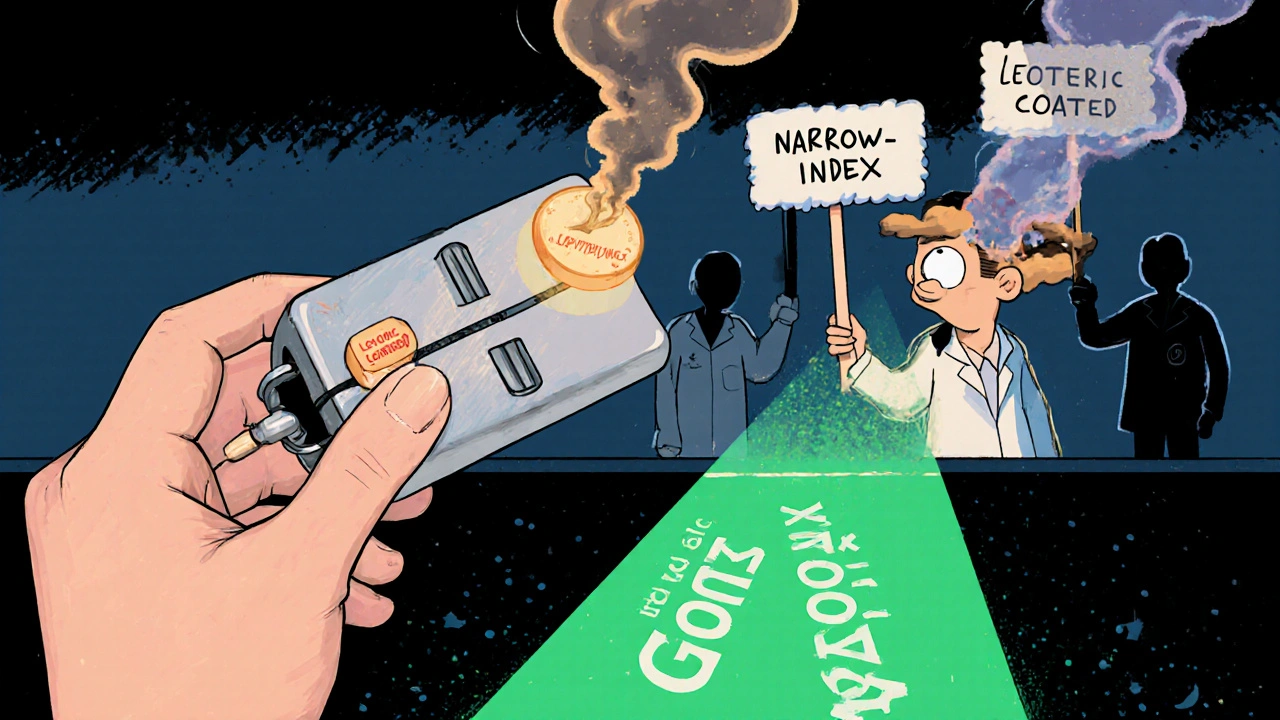 A hand splitting a tablet that turns into a bomb, with safety alternatives glowing in the background.