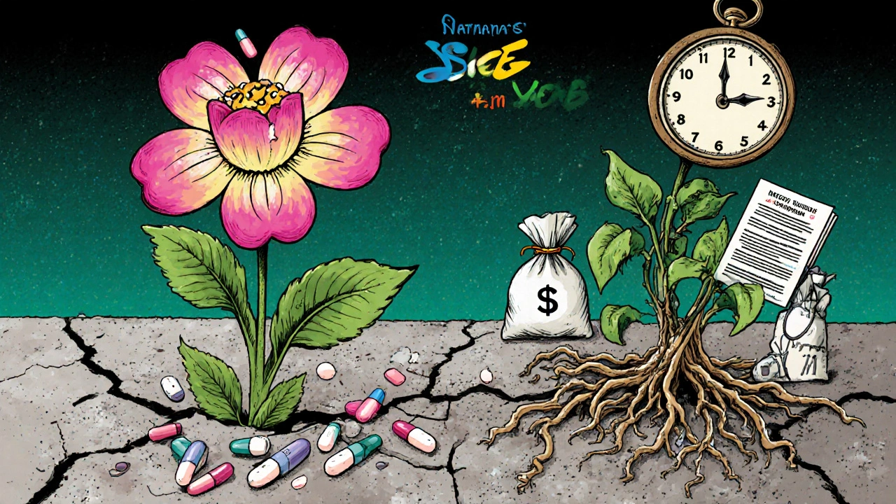 A healthy pill-flower blooms from broken law, while a dying clock-weed withers nearby.