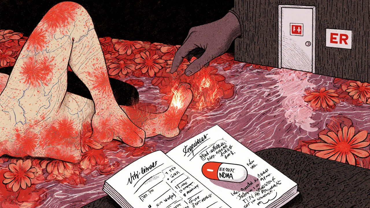 A human body map showing red zones of rash and swelling, with a dangerous pill falling into a river of blood thinners near an ER door.
