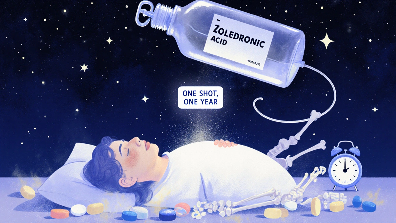 A patient asleep as an IV drip descends like an angel, replacing scattered pills with glowing bones under moonlight.