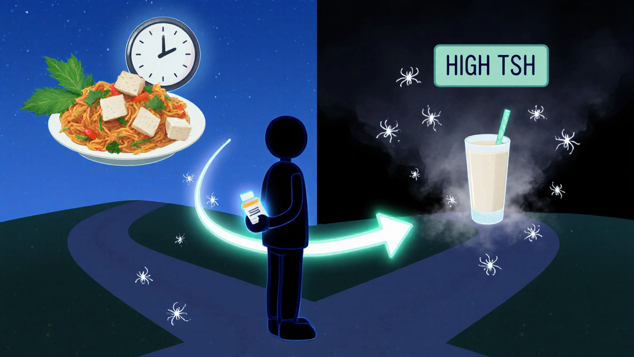 A person choosing between a healthy soy meal and a dark TSH zone, guided by glowing molecules and a timing arrow.