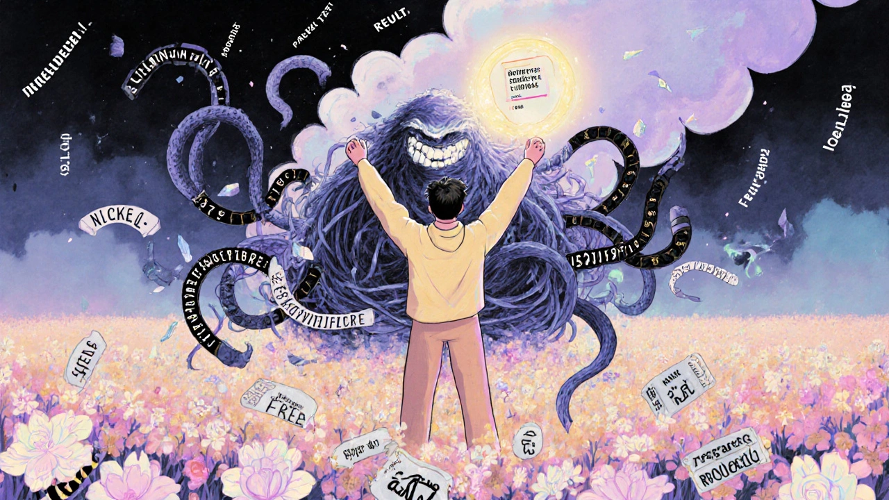 A person stands in a field of safe product flowers while a monster of allergens dissolves into smoke behind them.