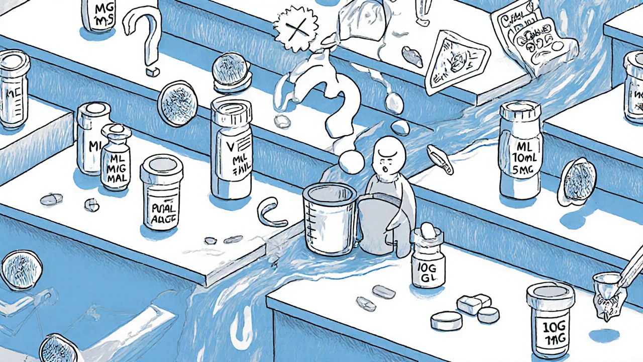 A pharmacy counter becomes a maze of liquid vials, with conflicting dosage paths and a question-mark measuring cup.