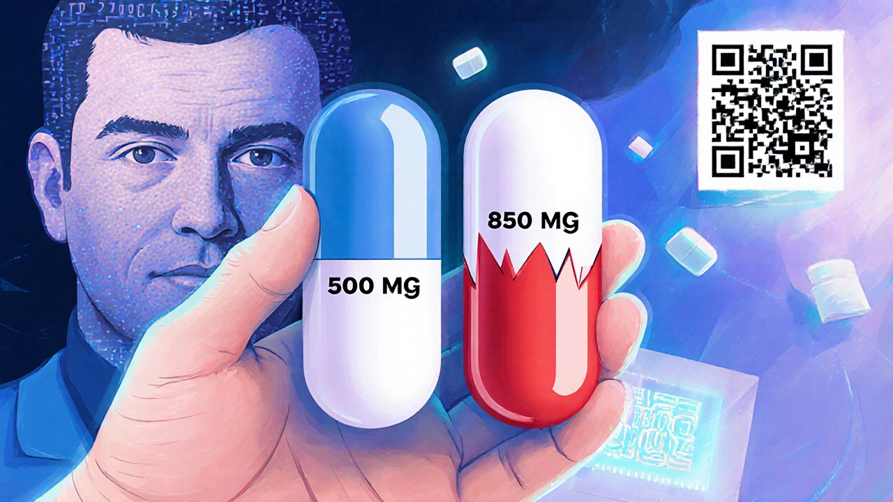 A pill transforms into a mirror showing two strengths, while a pharmacist’s face is made of digital code and a QR code glows nearby.