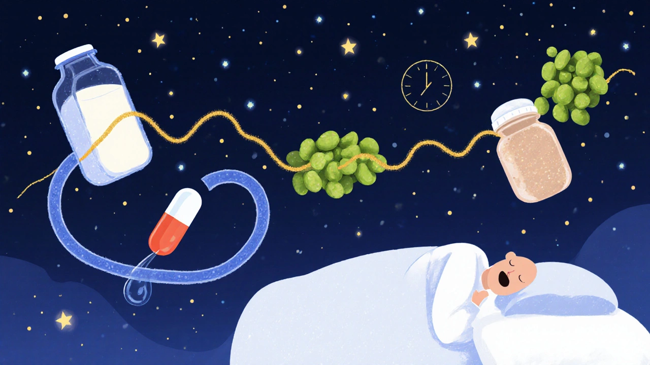 A pill traveling safely through a night-time body while soy foods float above, separated by a golden time barrier.