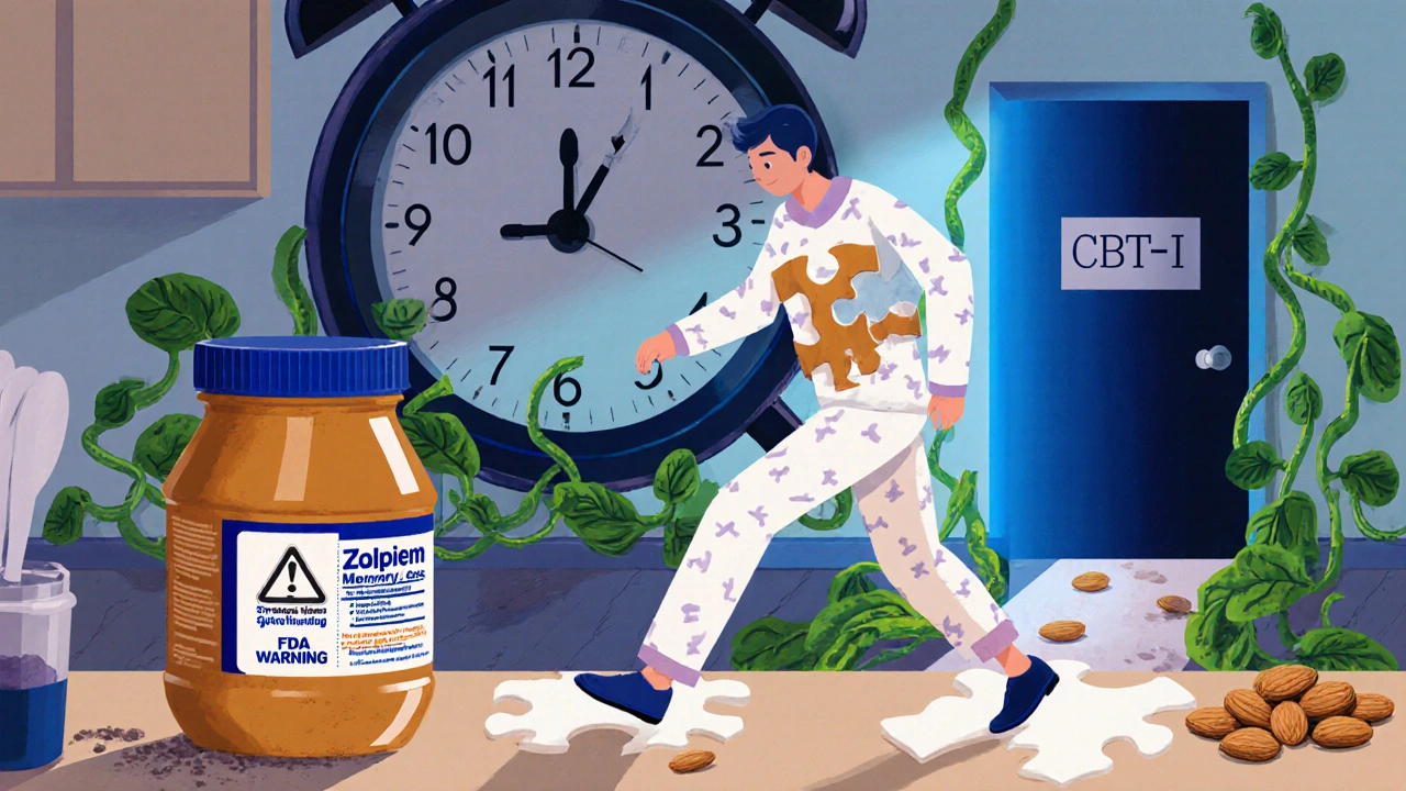 A sleepwalker in a kitchen leaving peanut butter trails, with pills as puzzle pieces and almonds growing as vines.