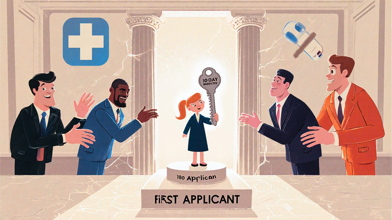 A small generic maker holds a glowing key while corporate giants try to take it, blocking access to affordable medicine.