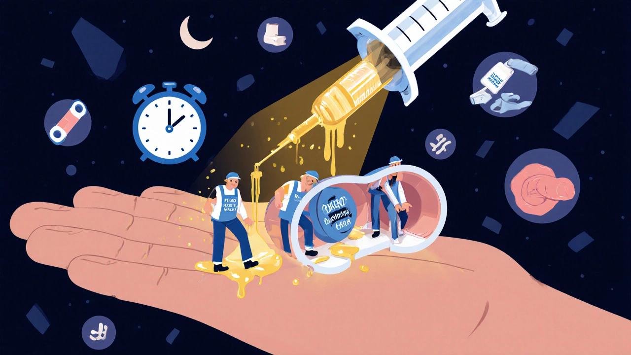 A split hand revealing workers inside the carpal tunnel, with a steroid injection dissolving pressure waves.