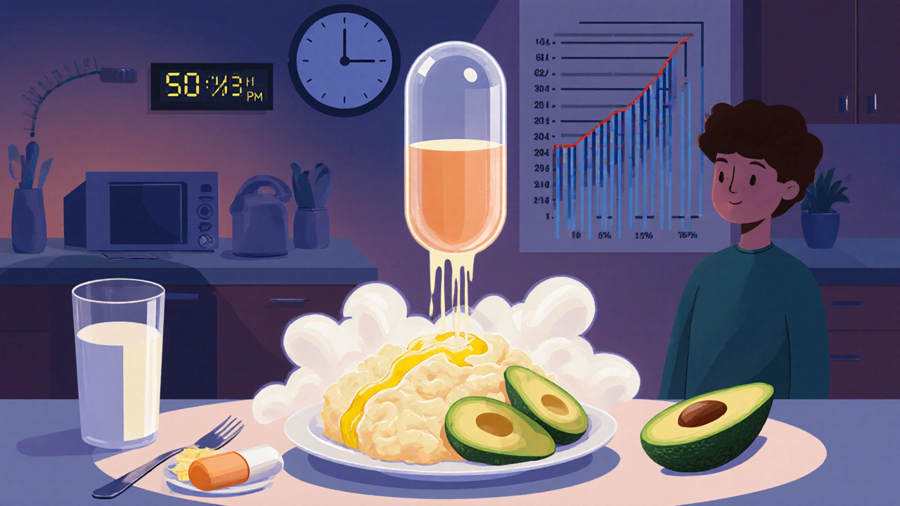 A teen at dinner surrounded by oversized, glowing foods while a fading pill shrinks their height.