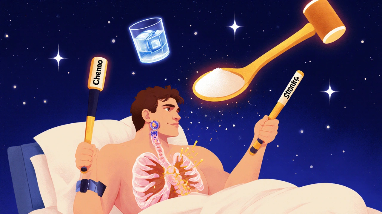 A translucent man in bed with a drum-like diaphragm being struck by chemo and steroids, while sugar and ice water float above as healing symbols.