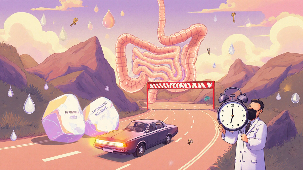 An abstract digestive highway where a pill car avoids calcium boulders, guided by a clock labeled '30 MINUTES'.