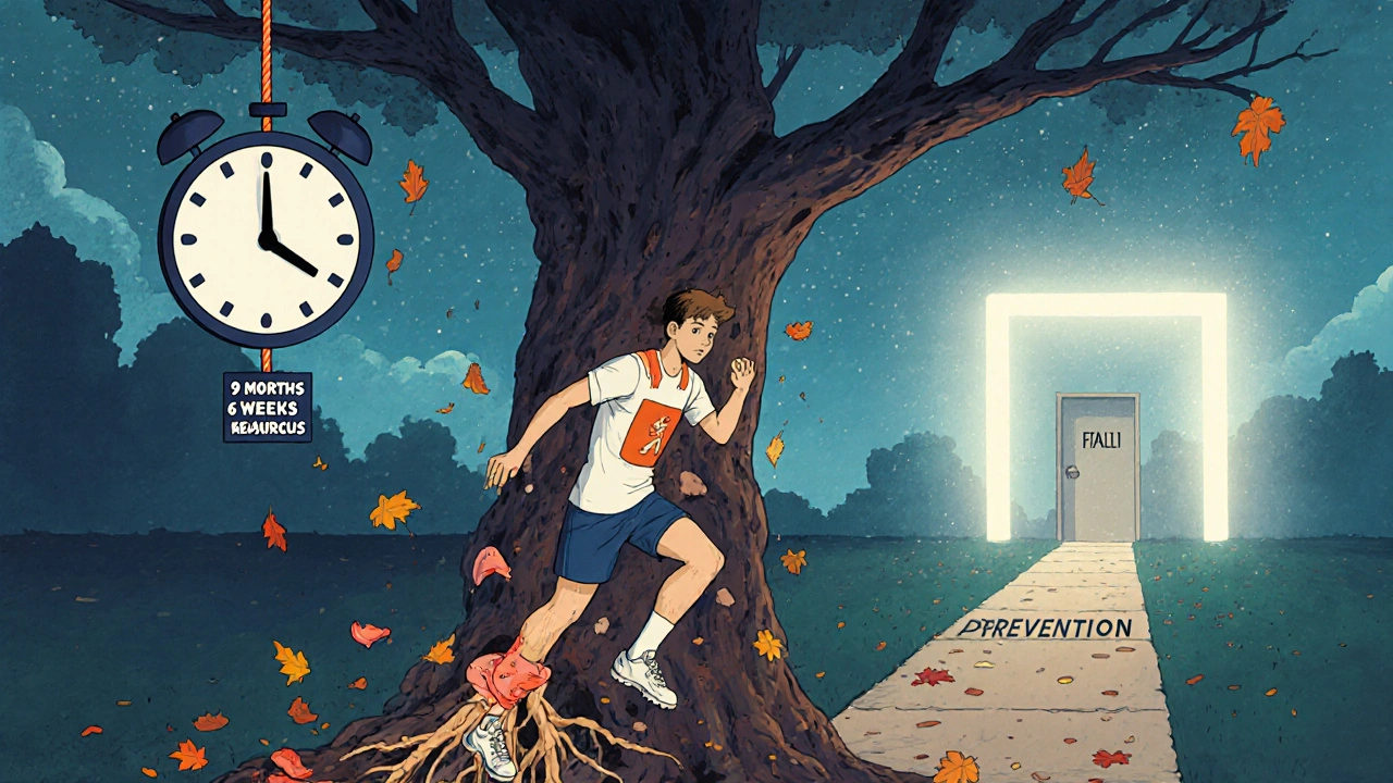 An athlete frozen mid-run, leg as a tree with severed roots and falling leaves, clock above with fraying ropes.