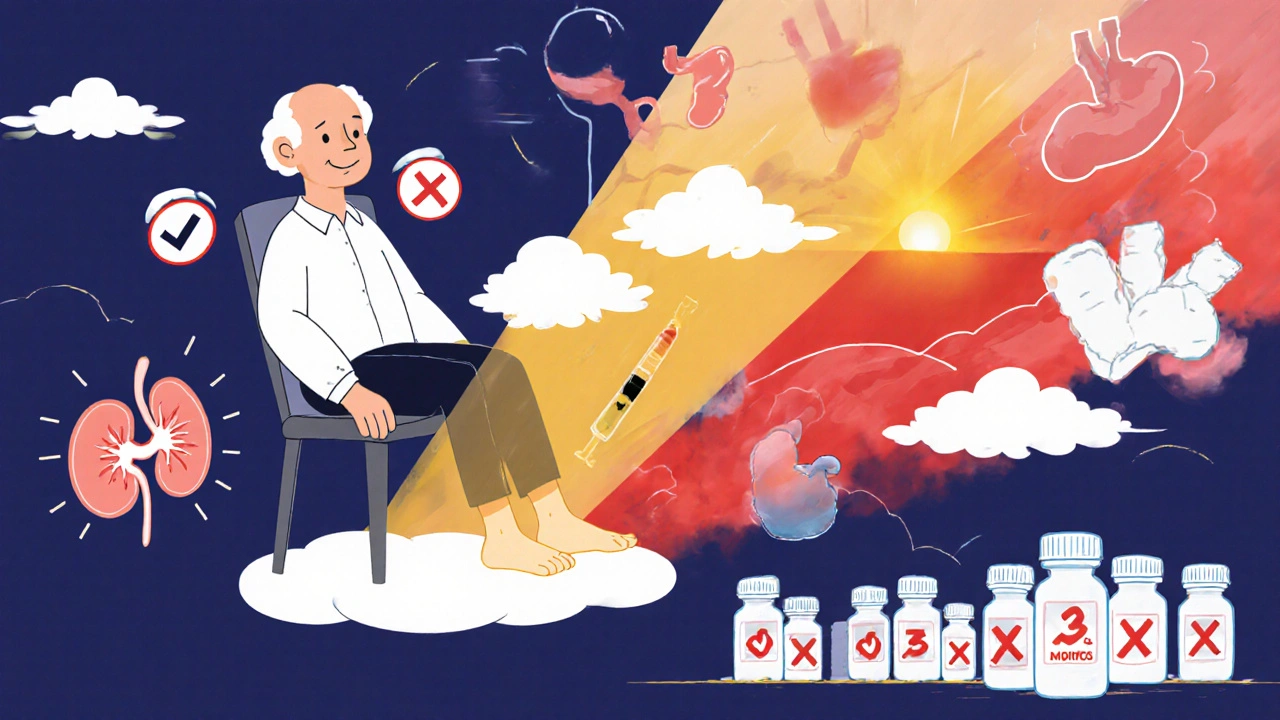 An elderly patient receiving a steroid injection, with medical icons showing compatibility, as healing light contrasts with pain clouds.