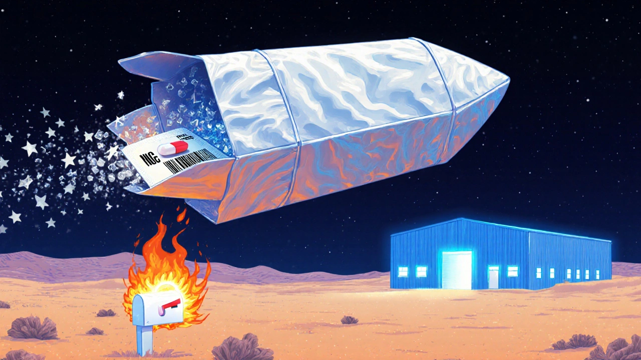 An insulated shipping box as a spaceship flying over a desert, with glowing pills inside and a burning mailbox below.