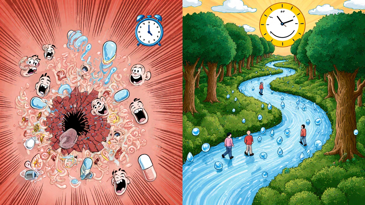 Contrasting digestive paths: chaotic IR pill explosion vs calm XR river flowing through a peaceful gut forest.