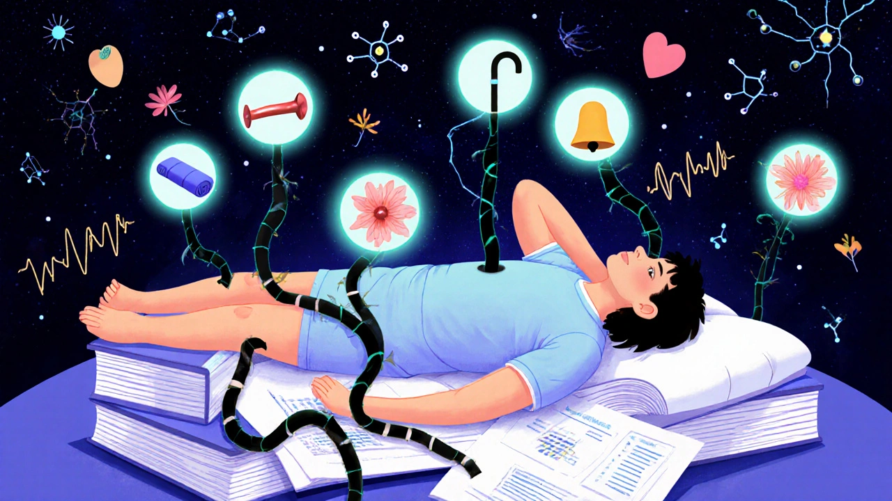 Pain vines being cut by healing tools like yoga, walking, and patches in a cosmic, abstract scene.