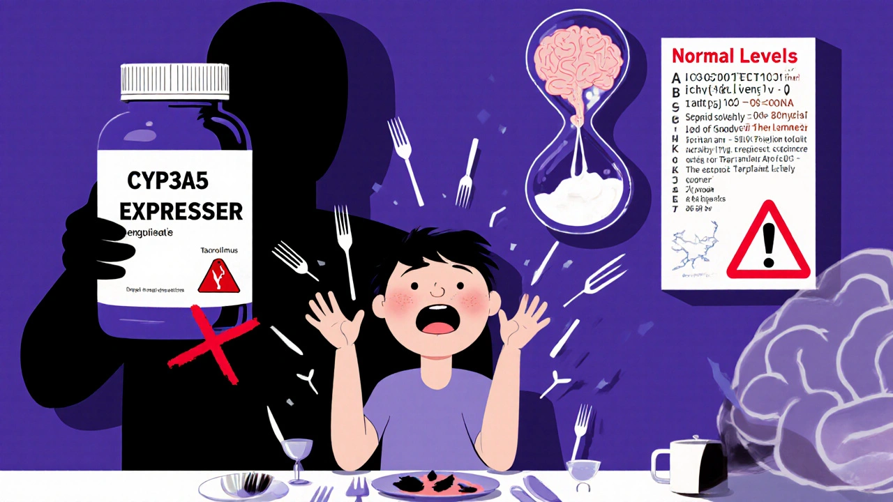 Patient&#039;s trembling hands at a table, with genetic shadow and hourglass brain, illustrating hidden drug sensitivity.