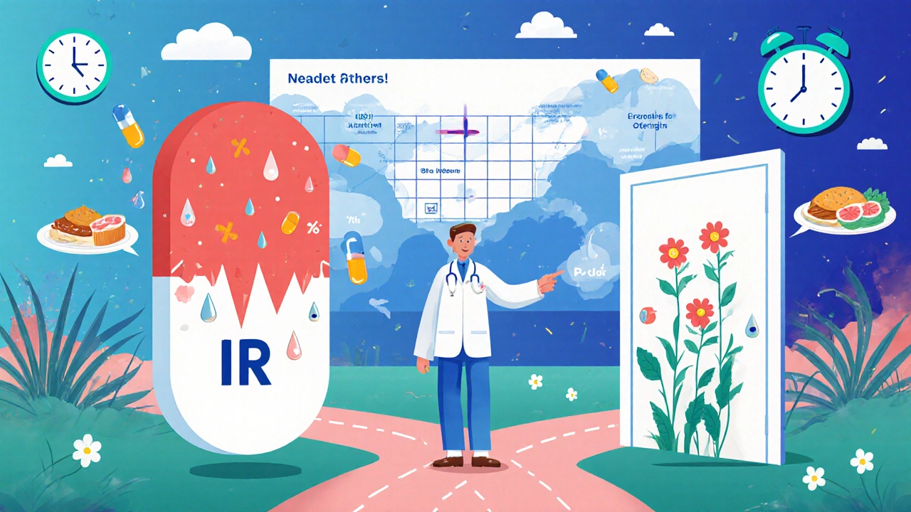 Patient choosing between two pill doors — one chaotic, one serene — as a medical chart shows improving outcomes behind them.