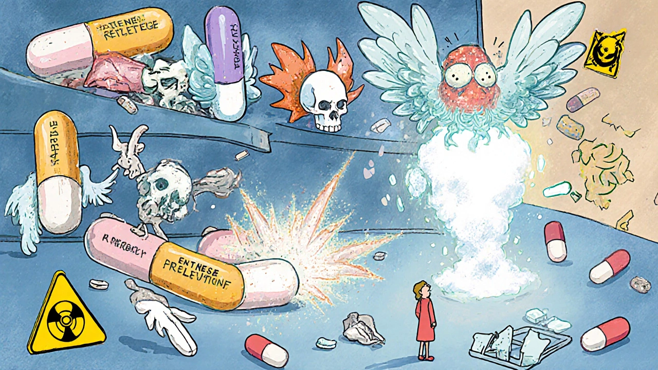 Pills as living creatures on a shelf, one crushing into a toxic skull-shaped cloud, with a caregiver sneezing nearby.