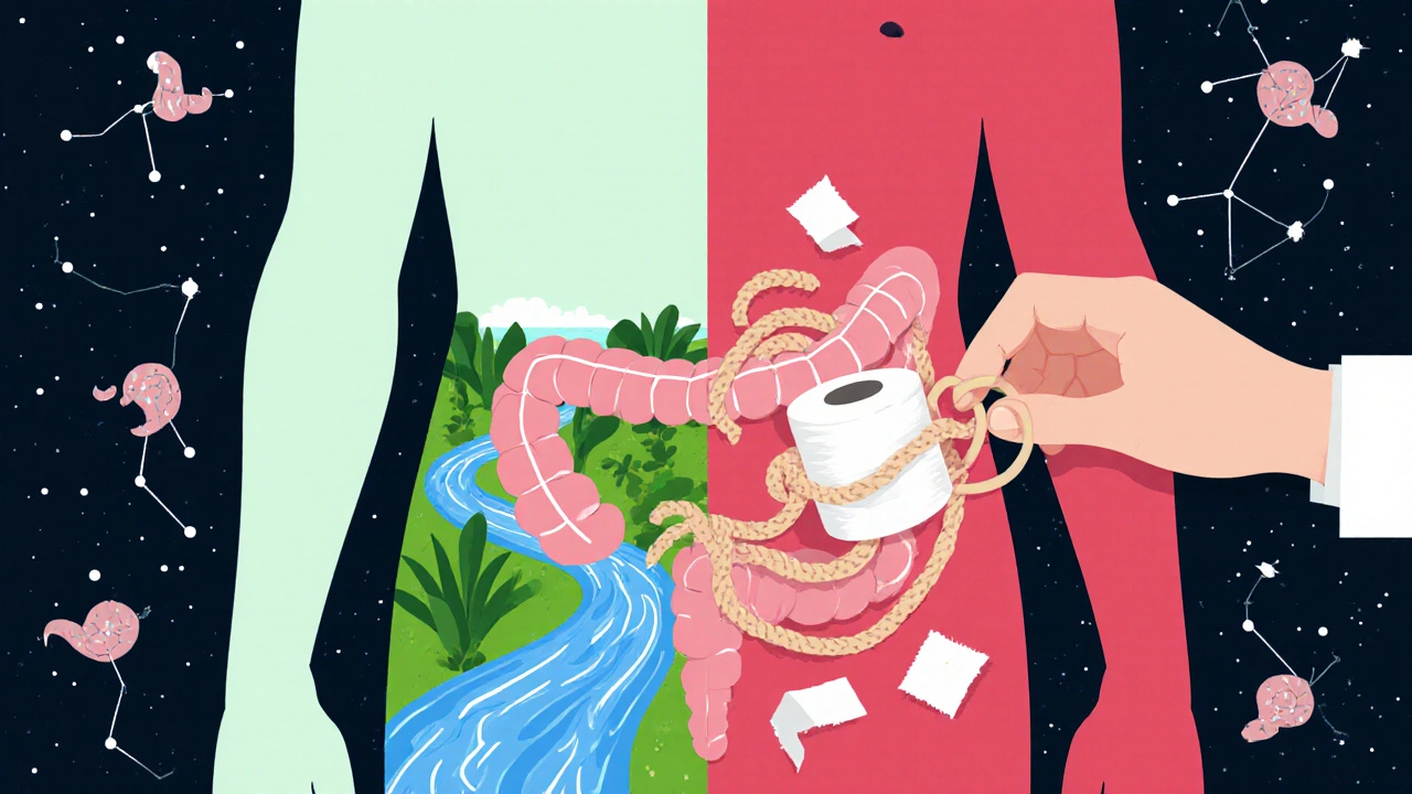 Split-body image showing healthy digestion versus strained hemorrhoids, with a doctor applying a rubber band treatment.