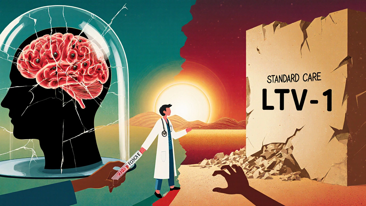 Split brain scene: toxic brain vs. protective LTV-1 drug, with genetic test and crumbling standard care wall.