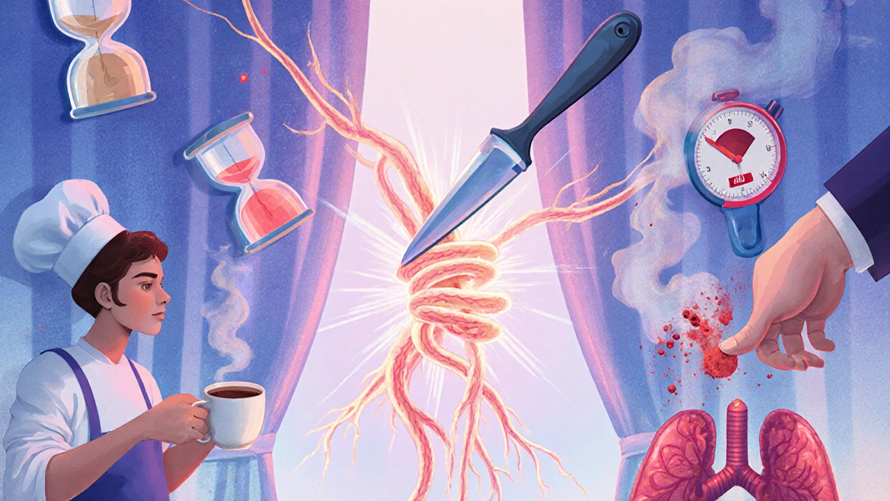 Surgical release of a nerve with one hand restored and the other atrophied, surrounded by recovery symbols.