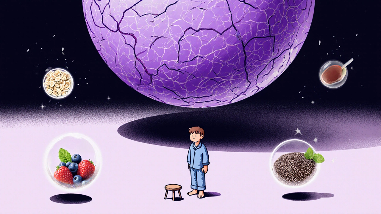 Surreal depiction of a massive thrombosed hemorrhoid looming over a person surrounded by healthy foods and a footstool.