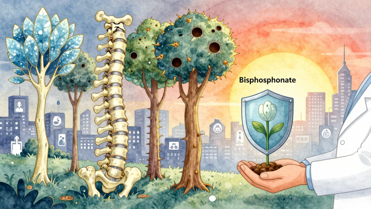 A bone forest growing from a spine, each tree representing an endocrine disease, with a bisphosphonate seed blooming into a protective shield.