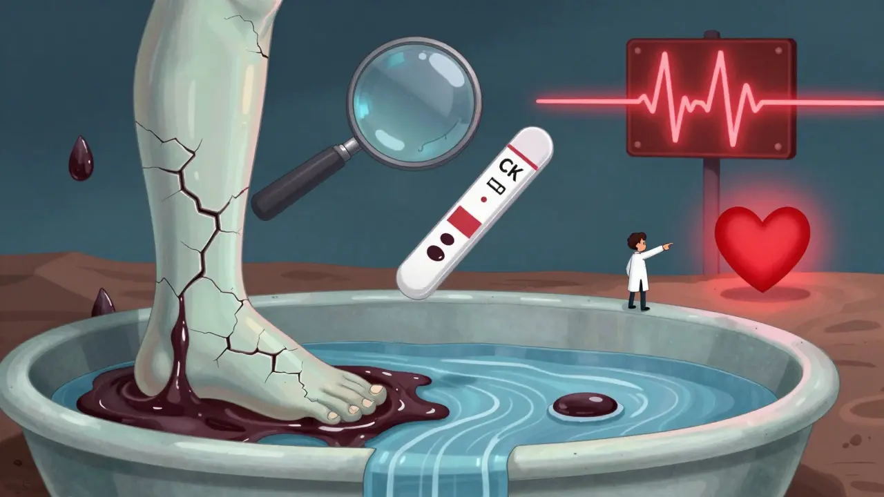 A cracked leg leaks dark fluid into a kidney basin, with warning signs and blood test symbols floating nearby.