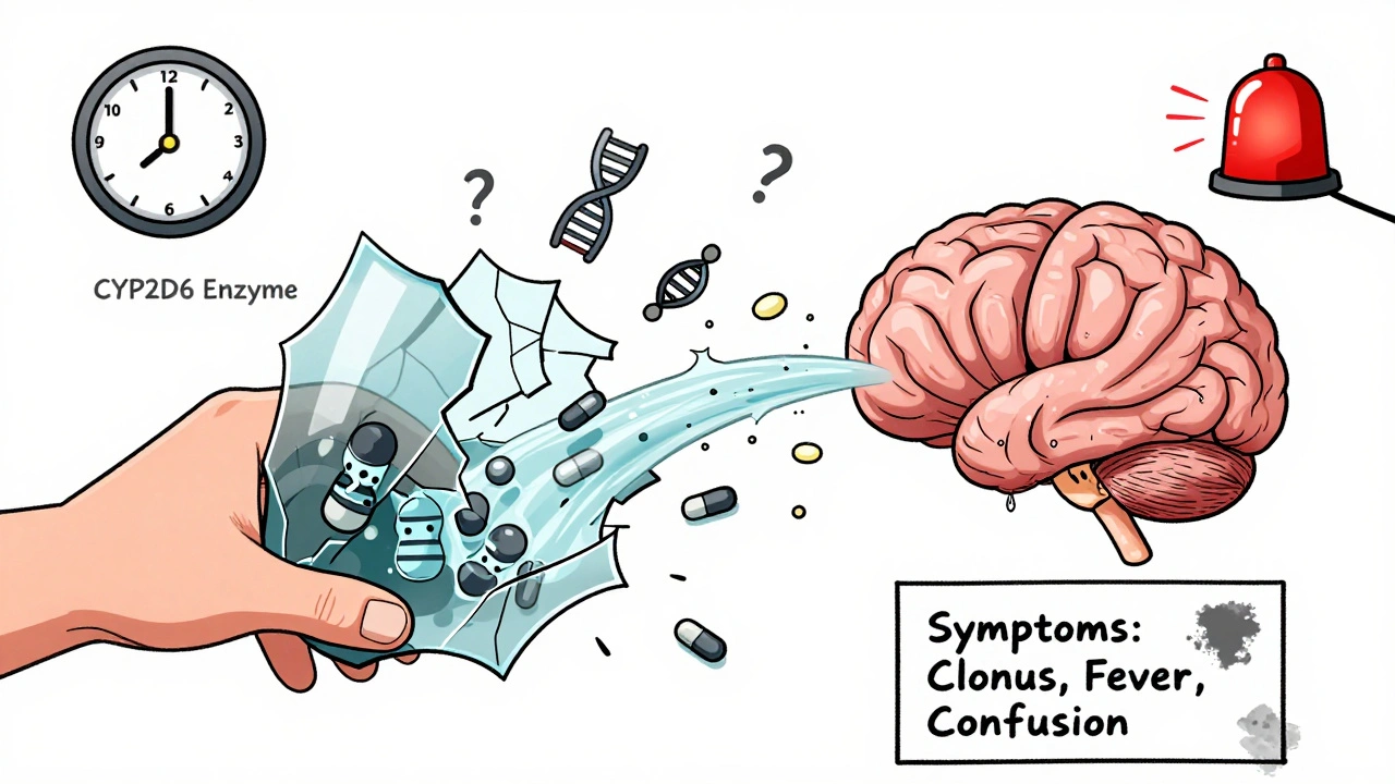 A crumbling enzyme hand overwhelmed by tramadol molecules, with genetic and medical warning signs.