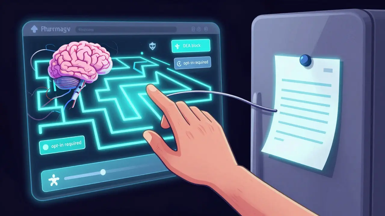 A hand reaching into a digital app that turns into a maze, with a printed note glowing brighter than all digital paths.