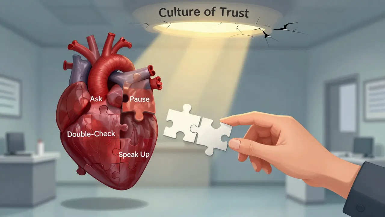 A heart-shaped puzzle with safety words, one piece missing, illuminated by light from a 'Culture of Trust' ceiling.