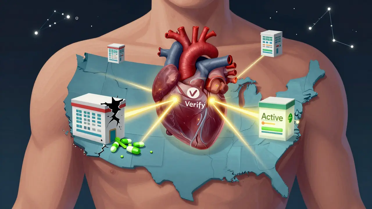 A human heart shaped like the NABP Verify logo emits verification rays to safe and unsafe pharmacies across a fragmented U.S. map.