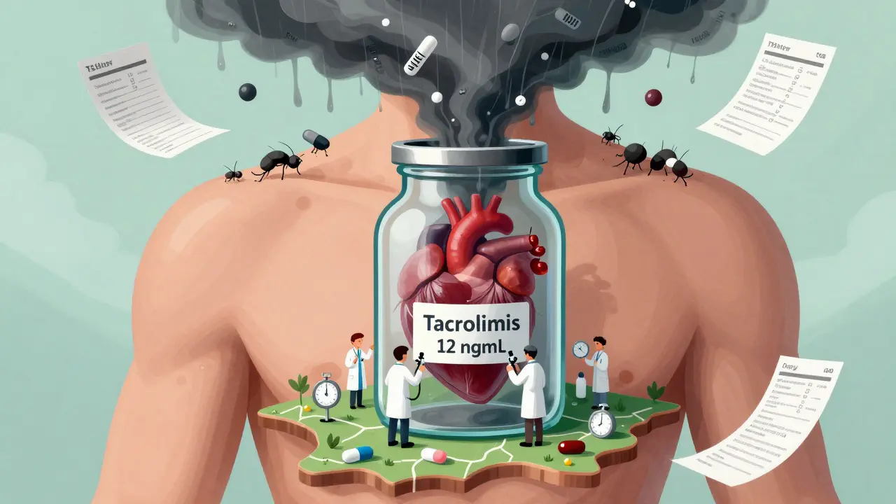 A human torso split open revealing a heart in a glass jar labeled with drug levels, surrounded by tiny medical figures and swirling drug names.