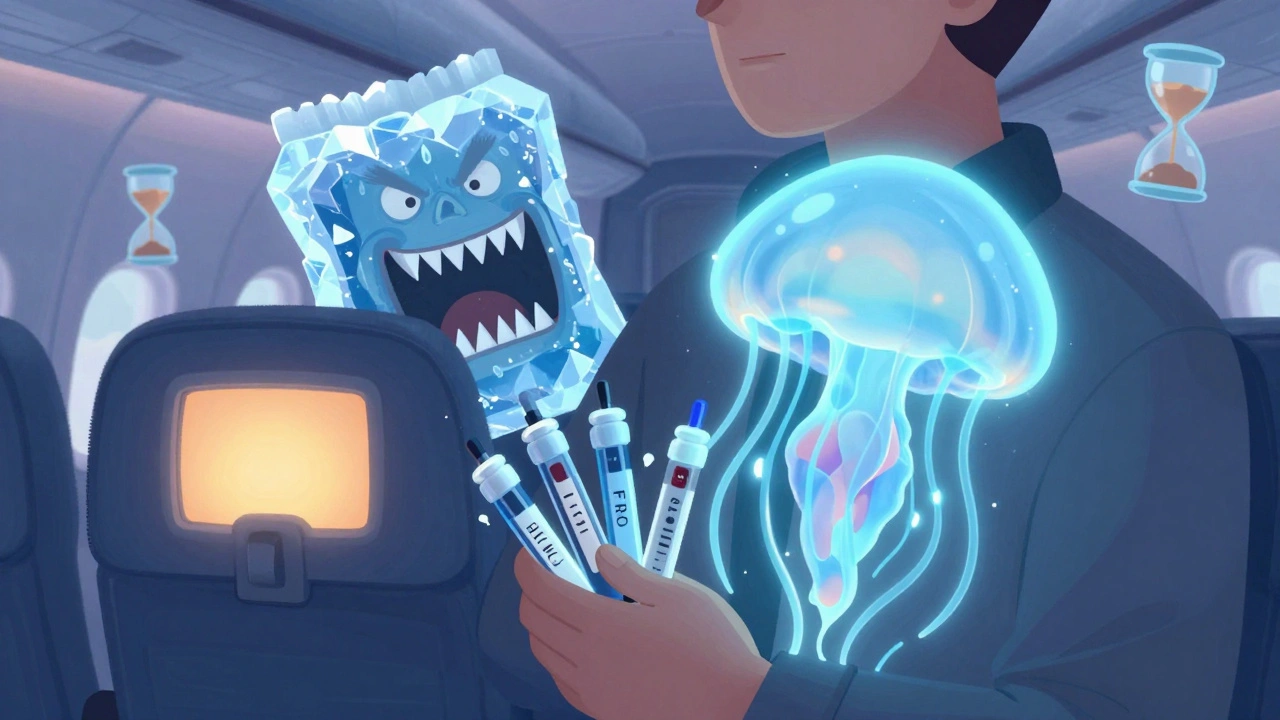 A jellyfish-like cooling wallet gently protects insulin pens, while a menacing ice pack looms nearby.