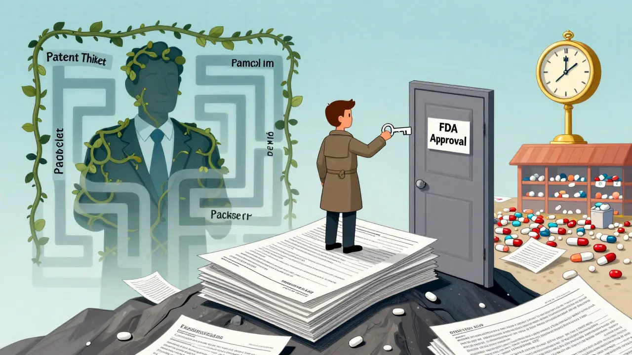 A lone figure unlocks FDA approval with a Paragraph IV key amid a patent thicket.