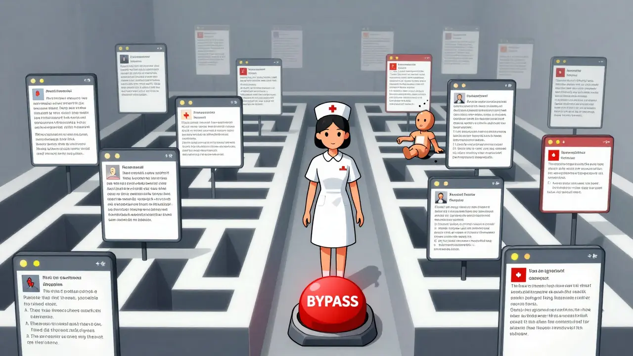 A nurse surrounded by overwhelming digital alerts, blocked by a red bypass button, as a patient fades away.