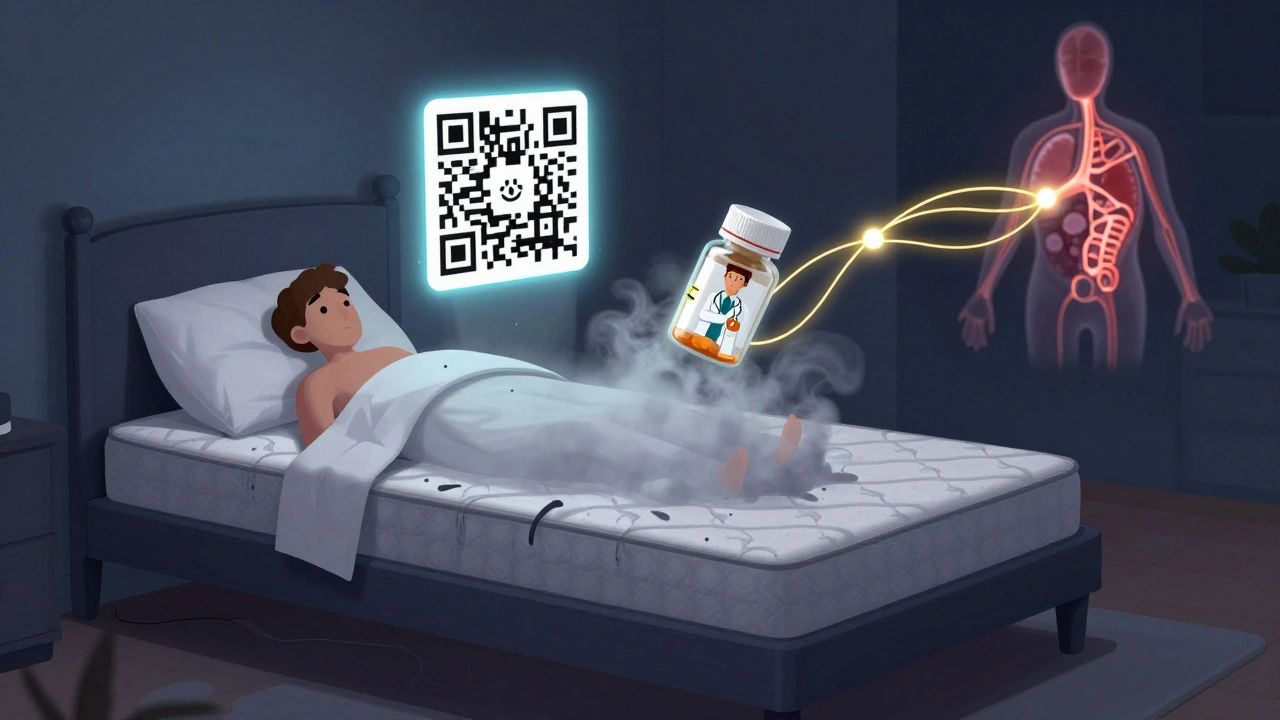 A patient’s bed sinking under gray fog from a generic pill bottle, while a floating QR code projects a reassuring doctor’s image with golden healing threads.