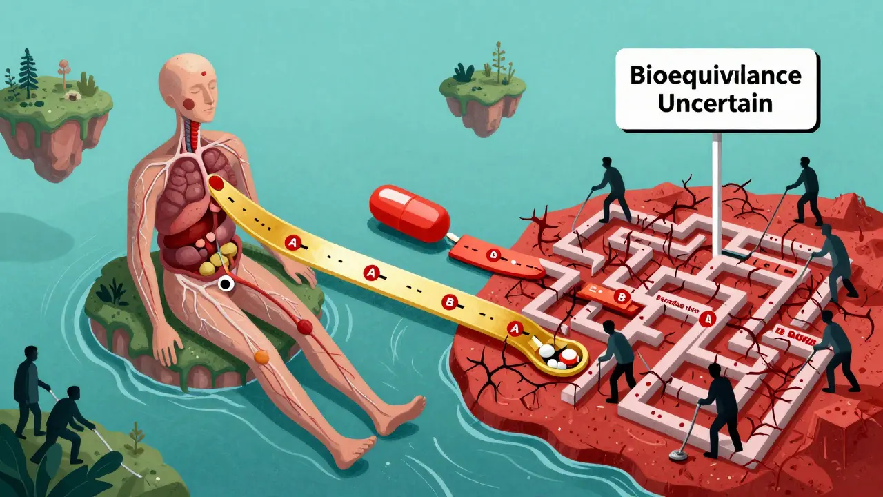 A patient’s body is a surreal landscape with one smooth drug path and another blocked by barriers.