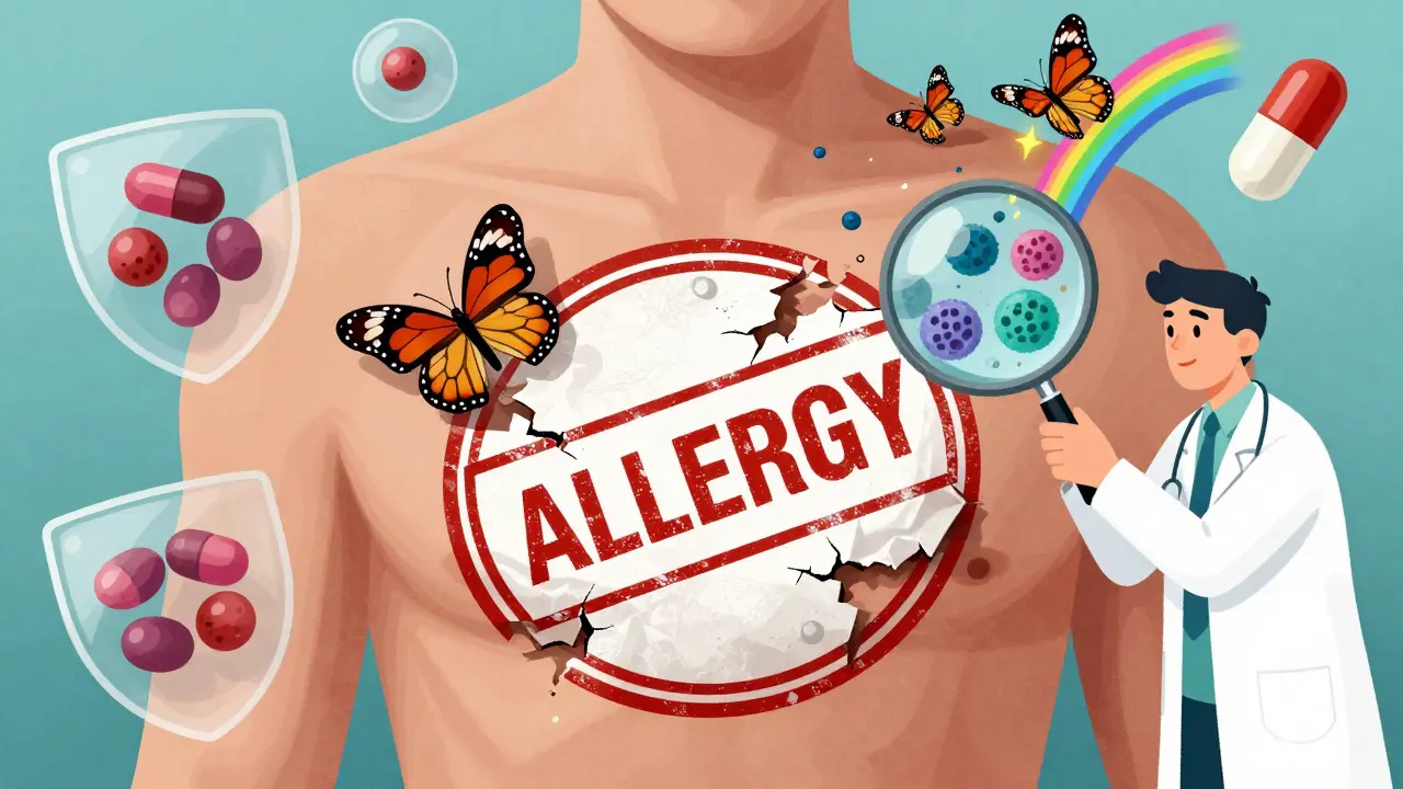 A person with a crumbling allergy label releasing histamine sparks, protected by antihistamine shields.