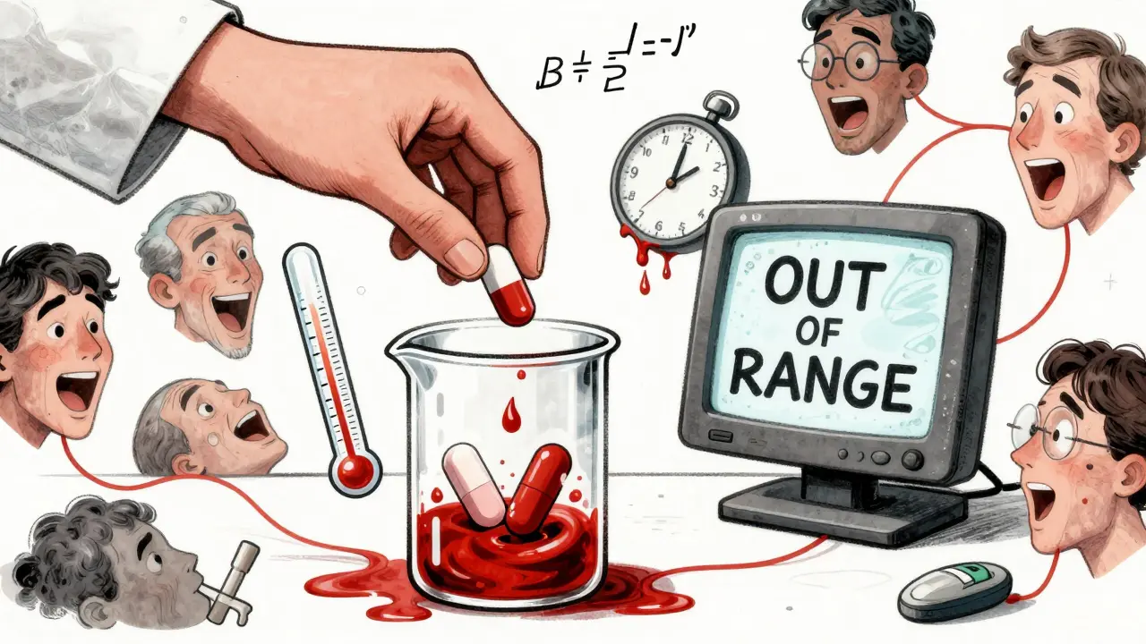 A pharmacist's hand placing a generic pill into blood that splits into two chaotic shapes, with floating patient faces and a melting thermometer.