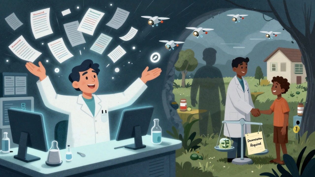 A pharmacist balances insurance chaos and rural access, reaching between digital errors and life-saving medication drones.